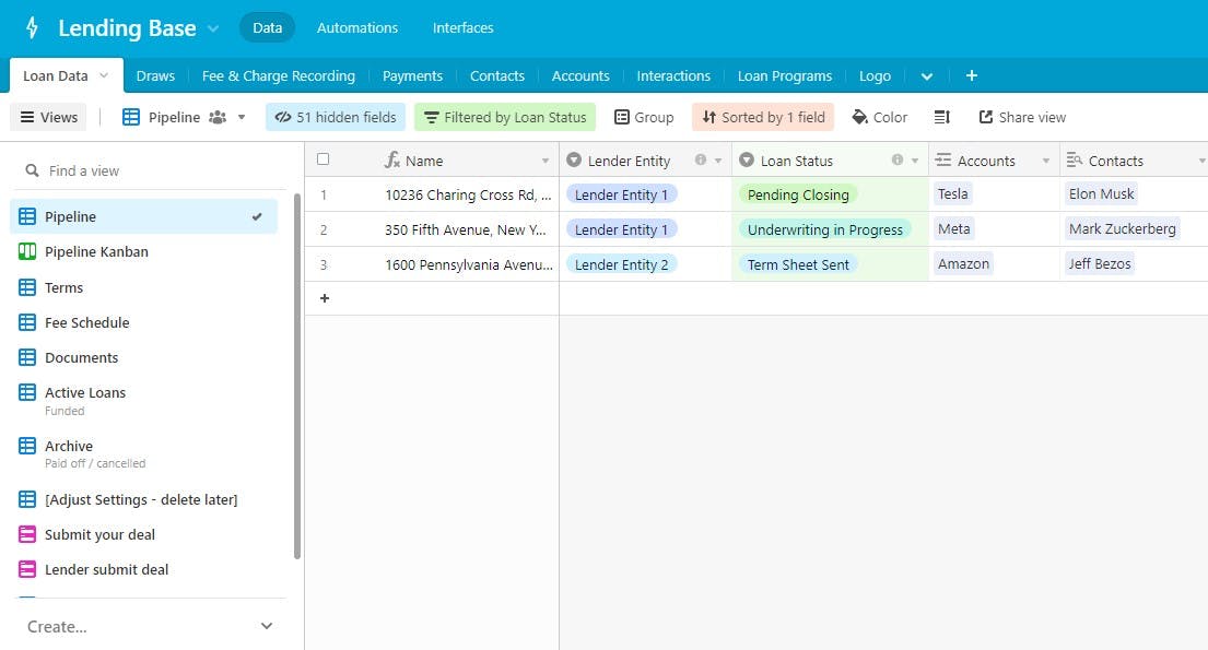 Airtable Lending Base table view