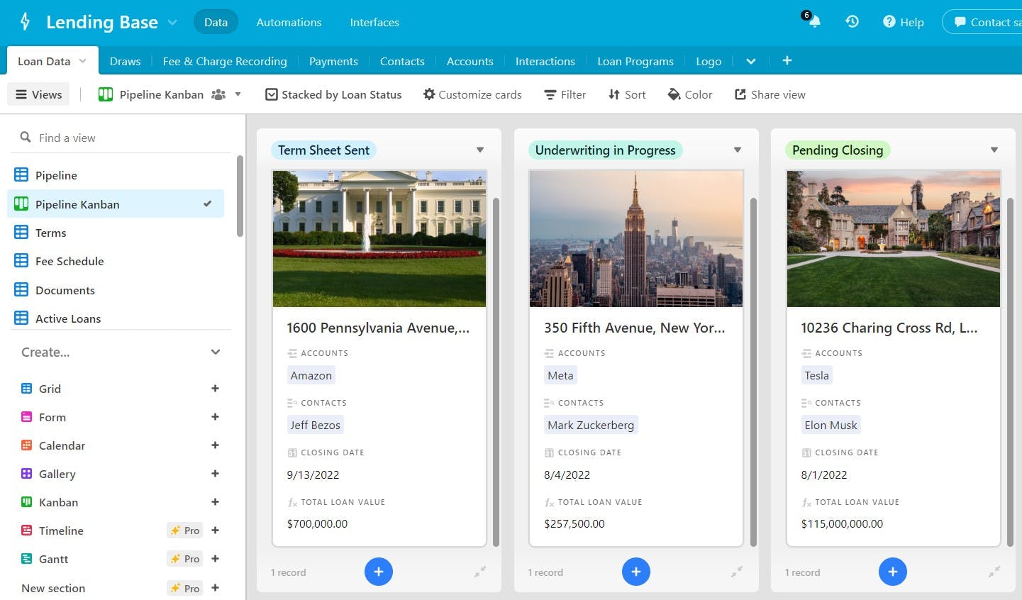 Airtable Lending Base user interface